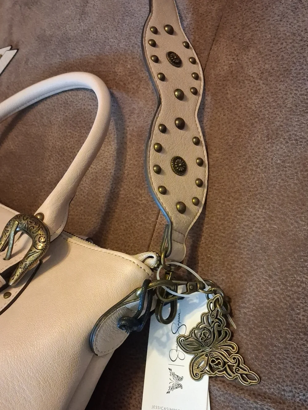 Jessica Simpson Beige Women's Faux Leather Tote Bag with Decorative Buckles